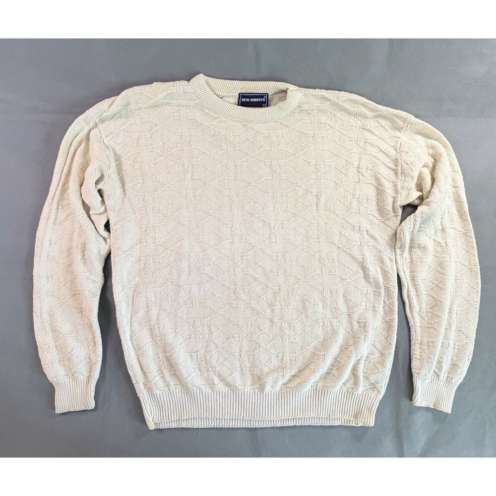 Seth Roberts Men's Cream Textured Knit Crewneck Sweater Made in USA